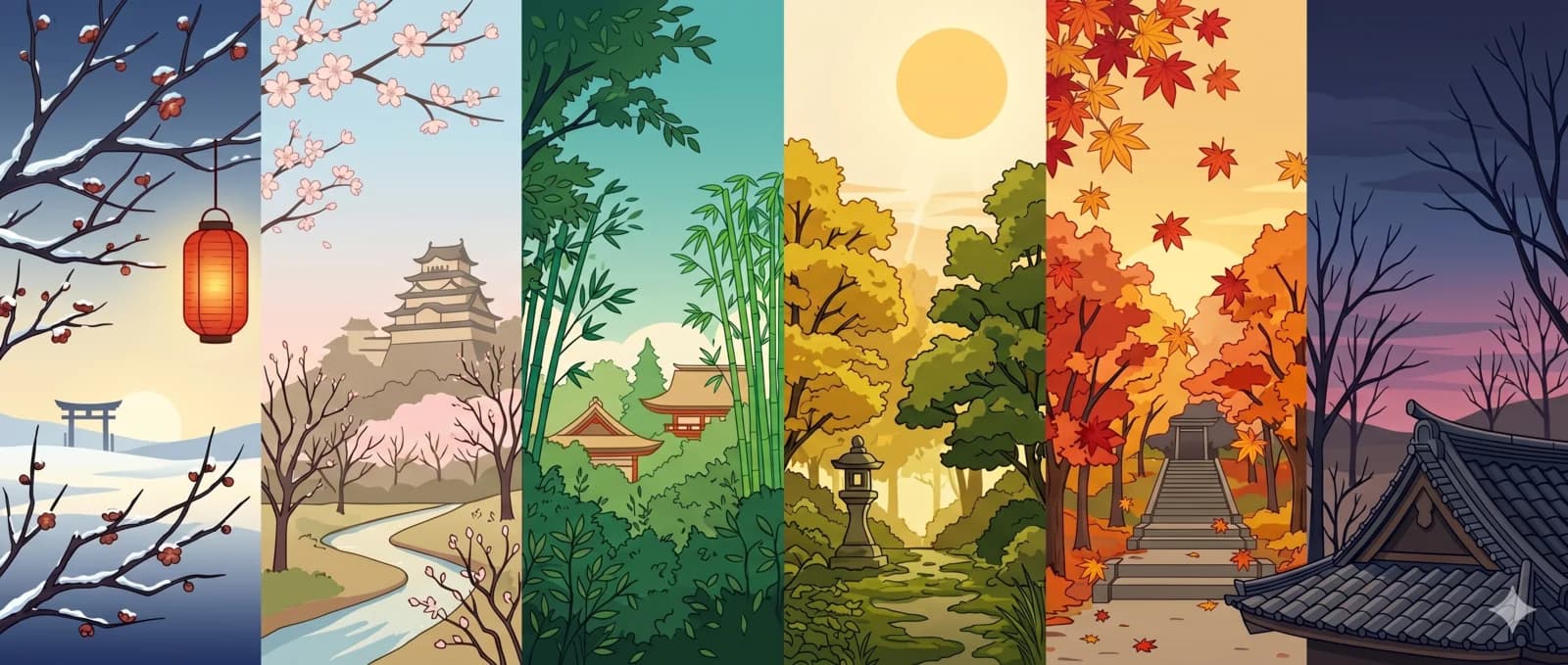 Editorial illustration of six seasonal Japanese landscape vignettes - winter plum branches, spring cherry blossoms, summer foliage, autumn maples, late-autumn twilight - flowing left to right across the year.