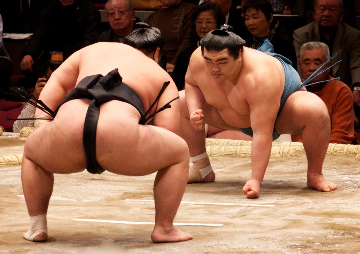 Two rikishi in the pre-charge crouch on the dohyō, low and braced, moments before the tachiai.